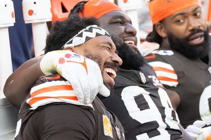 Nov 5, 2023; Cleveland, Ohio, USA; Cleveland Browns defensive end Myles Garrett (95) and defensive tackle Dalvin Tomlinson (94) celebrate during the second half against the Arizona Cardinals at Cleveland Browns Stadium.